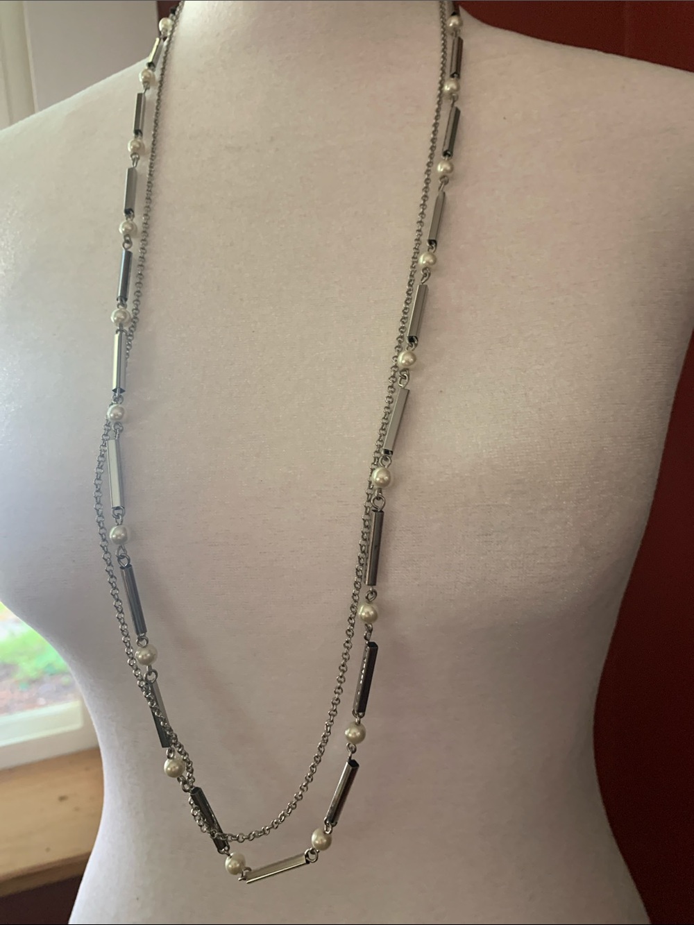 LOFT Silver-Tone Double Strand Necklace with Cream Beads